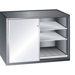 LISTA - Armoire à tiroirs avec portes coulissantes 2x36x36E (LxPxH) 1430x780x1020mm 2 rayons extensibles (200kg), 4 rayons amovibles (200kg) KEY Lock Bleu clair RAL 5012