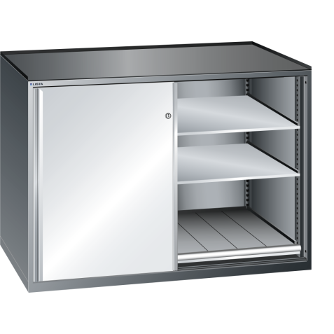 LISTA - Armoire à tiroirs avec portes coulissantes 2x36x36E (LxPxH) 1430x780x1020mm 2 rayons extensibles (200kg), 4 rayons amovibles (200kg) KEY Lock Bleu clair RAL 5012