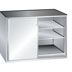 LISTA - Armoire à tiroirs avec portes coulissantes 2x36x36E (LxPxH) 1430x780x1020mm 2 rayons extensibles (200kg), 4 rayons amovibles (200kg) KEY Lock Gris clair RAL 7035