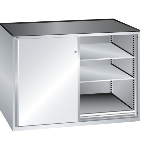LISTA - Armoire à tiroirs avec portes coulissantes 2x36x36E (LxPxH) 1430x780x1020mm 2 rayons extensibles (200kg), 4 rayons amovibles (200kg) KEY Lock Gris clair RAL 7035