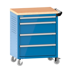 LISTA - Chariot d'atelier 36x27E (LxPxH) 833x525x945mm 4 tiroirs (1x100/3x200) 40kg avec revêtement en bois multiplex sécurité de blocage individuelle à droite KEY Lock Bleu clair RAL 5012