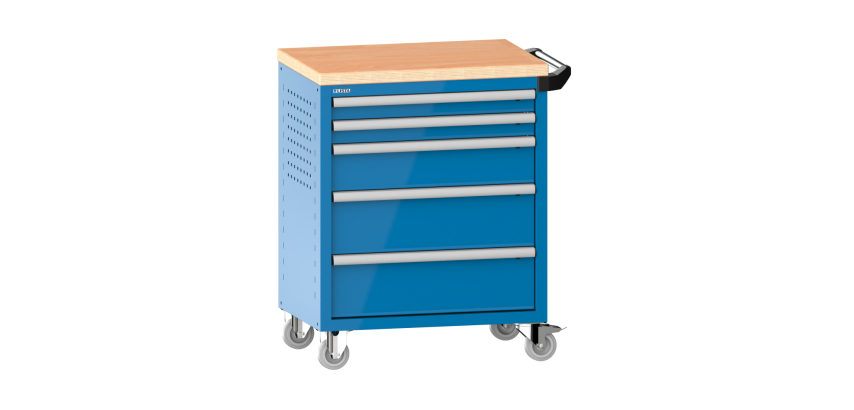 LISTA - Chariot d'atelier H 94,5 x L 83,3 x P 52,5, revêtement en bois multiplex, 5 tiroirs