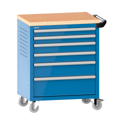 LISTA - Chariot d'atelier 36x27E (LxPxH) 833x525x945mm 6 tiroirs (2x75/2x100/1x150/1x200) 40kg avec revêtement en bois multiplex sécurité de blocage individuelle à droite KEY Lock Bleu clair RAL 5012