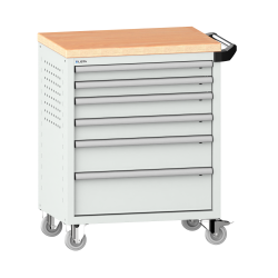 LISTA - Chariot d'atelier 36x27E (LxPxH) 833x525x945mm 6 tiroirs (2x75/2x100/1x150/1x200) 40kg avec revêtement en bois multiplex sécurité de blocage individuelle à droite KEY Lock Gris clair RAL 7035