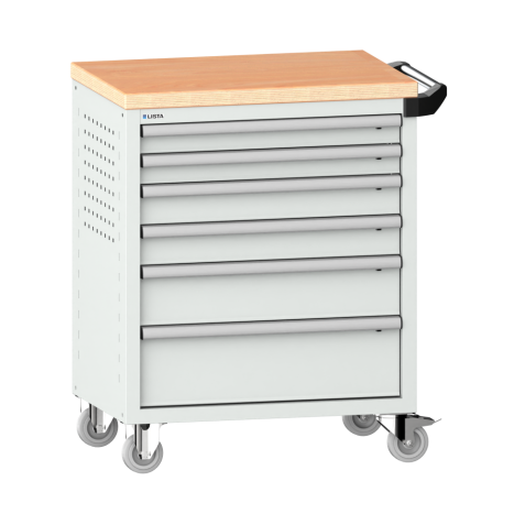 LISTA - Chariot d'atelier 36x27E (LxPxH) 833x525x945mm 6 tiroirs (2x75/2x100/1x150/1x200) 40kg avec revêtement en bois multiplex sécurité de blocage individuelle à droite KEY Lock Gris clair RAL 7035
