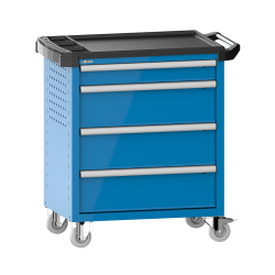 LISTA - Chariot d'atelier 36x27E (LxPxH) 894x525x928mm 4 tiroirs (1x100/3x200) 40kg avec revêtement en plastique sécurité de blocage individuelle à droite KEY Lock Bleu clair RAL 5012