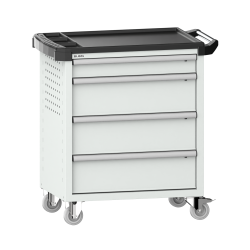 LISTA - Chariot d'atelier 36x27E (LxPxH) 894x525x928mm 4 tiroirs (1x100/3x200) 40kg avec revêtement en plastique sécurité de blocage individuelle à droite KEY Lock Gris clair RAL 7035