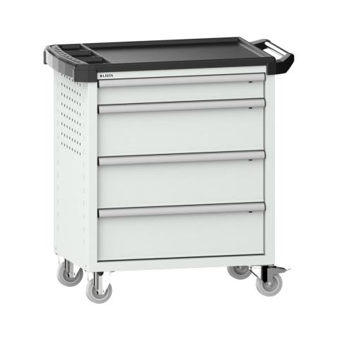 LISTA - Chariot d'atelier 36x27E (LxPxH) 894x525x928mm 4 tiroirs (1x100/3x200) 40kg avec revêtement en plastique sécurité de blocage individuelle à droite KEY Lock Gris clair RAL 7035