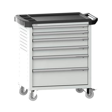 LISTA - Chariot d'atelier 36x27E (LxPxH) 894x525x928mm 6 tiroirs (2x75/2x100/1x150/1x200) 40kg avec revêtement en plastique sécurité de blocage individuelle à droite KEY Lock Gris clair RAL 7035