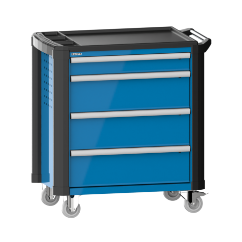 LISTA - Chariot d'atelier 36x27E (LxPxH) 894x525x928mm 4 tiroirs (1x100/3x200) 40kg avec revêtement en plastique, protection des coins sécurité de blocage individuelle à droite KEY Lock Bleu clair RAL 5012