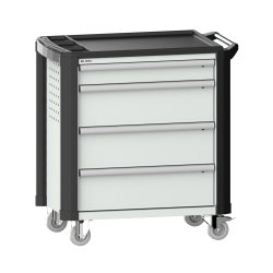 LISTA - Chariot d'atelier 36x27E (LxPxH) 894x525x928mm 4 tiroirs (1x100/3x200) 40kg avec revêtement en plastique, protection des coins sécurité de blocage individuelle à droite KEY Lock Gris clair RAL 7035