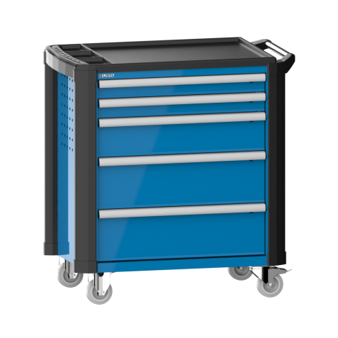 LISTA - Chariot d'atelier 36x27E (LxPxH) 894x525x928mm 5 tiroirs (2x75/1x150/2x200) 40kg avec revêtement en plastique, protection des coins sécurité de blocage individuelle à droite KEY Lock Bleu clair RAL 5012