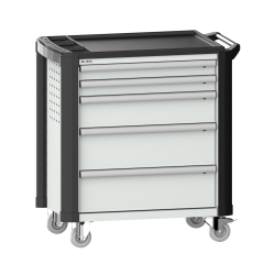 LISTA - Chariot d'atelier 36x27E (LxPxH) 894x525x928mm 5 tiroirs (2x75/1x150/2x200) 40kg avec revêtement en plastique, protection des coins sécurité de blocage individuelle à droite KEY Lock Gris clair RAL 7035