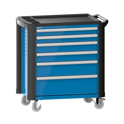 LISTA - Chariot d'atelier 36x27E (LxPxH) 894x525x928mm 6 tiroirs (2x75/2x100/1x150/1x200) 40kg avec revêtement en plastique, protection des coins sécurité de blocage individuelle à droite KEY Lock Bleu clair RAL 5012