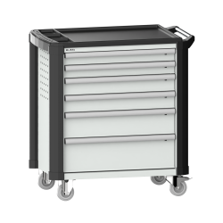 LISTA - Chariot d'atelier 36x27E (LxPxH) 894x525x928mm 6 tiroirs (2x75/2x100/1x150/1x200) 40kg avec revêtement en plastique, protection des coins sécurité de blocage individuelle à droite KEY Lock Gris clair RAL 7035