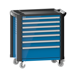 LISTA - Chariot d'atelier 36x27E (LxPxH) 894x525x928mm 7 tiroirs (4x75/2x100/1x200) 40kg avec revêtement en plastique, protection des coins sécurité de blocage individuelle à droite KEY Lock Bleu clair RAL 5012