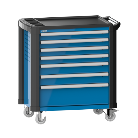 LISTA - Chariot d'atelier 36x27E (LxPxH) 894x525x928mm 7 tiroirs (4x75/2x100/1x200) 40kg avec revêtement en plastique, protection des coins sécurité de blocage individuelle à droite KEY Lock Bleu clair RAL 5012