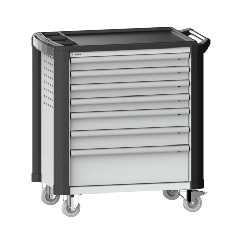 LISTA - Chariot d'atelier 36x27E (LxPxH) 894x525x928mm 7 tiroirs (4x75/2x100/1x200) 40kg avec revêtement en plastique, protection des coins sécurité de blocage individuelle à droite KEY Lock Gris clair RAL 7035