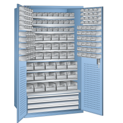 LISTA - Armoire grande capacité avec 2 portes en tôle pleine charnière (LxPxH) 1100x620x1950mm 9 rayons, 3 tiroirs, 146 récipients synoptiques  KEY Lock Bleu clair RAL 5012