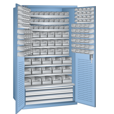 LISTA - Armoire grande capacité avec 2 portes en tôle pleine charnière (LxPxH) 1100x620x1950mm 9 rayons, 3 tiroirs, 146 récipients synoptiques  KEY Lock Bleu clair RAL 5012