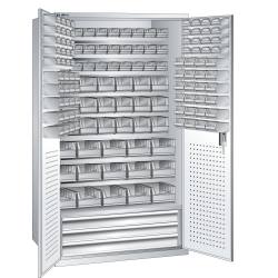 LISTA - Armoire grande capacité avec 2 portes en tôle pleine charnière (LxPxH) 1100x620x1950mm 9 rayons, 3 tiroirs, 146 récipients synoptiques  KEY Lock Gris clair RAL 7035