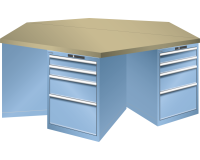 Pôle de 6 établis hexagonaux Lista H 84 x L 250 x P 216, 5 cm, plateau en multiplex, 6 x 4 tiroirs