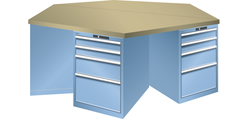 Pôle de 6 établis hexagonaux Lista H 84 x L 250 x P 216, 5 cm, plateau en multiplex, 6 x 4 tiroirs
