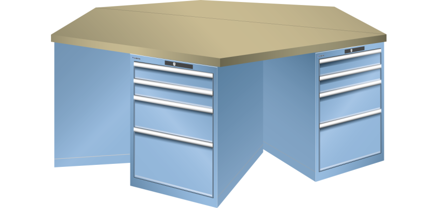 Pôle de 6 établis hexagonaux Lista H 84 x L 250 x P 216, 5 cm, plateau en multiplex, 6 x 4 tiroirs