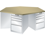 Pôle de 6 établis hexagonaux Lista H 84 x L 250 x P 216, 5 cm, plateau en multiplex, 6 x 4 tiroirs