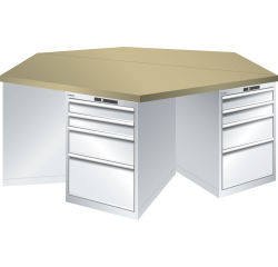 Pôle de 6 établis hexagonaux Lista H 84 x L 250 x P 216, 5 cm, plateau en multiplex, 6 x 4 tiroirs