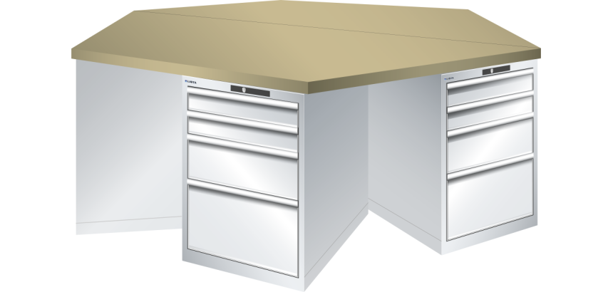 Pôle de 6 établis hexagonaux Lista H 84 x L 250 x P 216, 5 cm, plateau en multiplex, 6 x 4 tiroirs