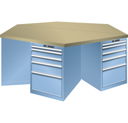 Pôle de 6 établis hexagonaux Lista H 84 x L 250 x P 216,5 cm, plateau en multiplex, 6 x 5 tiroirs