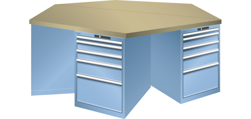 Pôle de 6 établis hexagonaux Lista H 84 x L 250 x P 216,5 cm, plateau en multiplex, 6 x 5 tiroirs