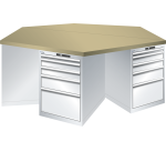 Pôle de 6 établis hexagonaux Lista H 84 x L 250 x P 216,5 cm, plateau en multiplex, 6 x 5 tiroirs