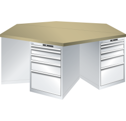 Pôle de 6 établis hexagonaux Lista H 84 x L 250 x P 216,5 cm, plateau en multiplex, 6 x 5 tiroirs