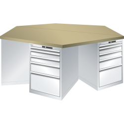 LISTA - Établi hexagonaux 27x36E (LxPxH) 2500x2165x840mm 6 x 5 tiroirs (1x50/2x100/1x150/1x300) 75kg Multiplex KEY Lock Gris clair RAL 7035
