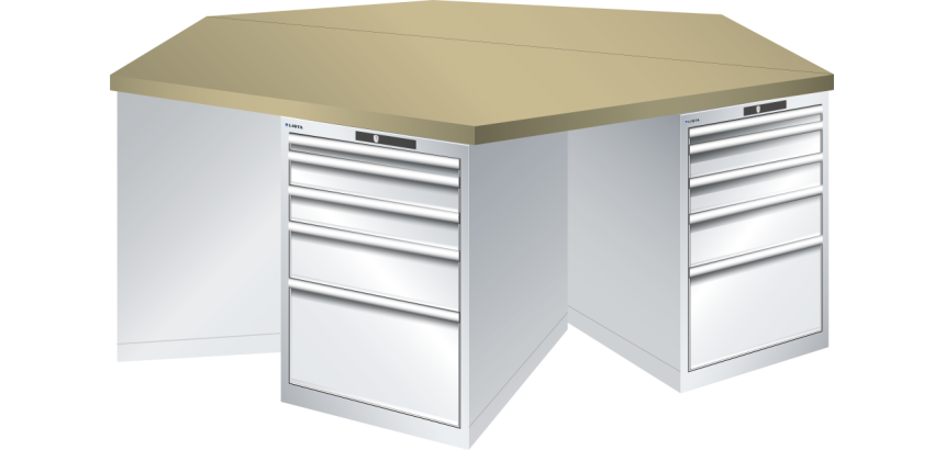 Pôle de 6 établis hexagonaux Lista H 84 x L 250 x P 216,5 cm, plateau en multiplex, 6 x 5 tiroirs