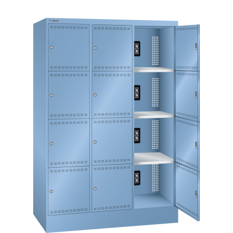 LISTA - Armoire de charge de batterie avec casiers (LxPxH) 1205x585x1795mm 3x4 casiers Type F 1x230V, 1xUSB-C KEY Lock Bleu clair RAL 5012