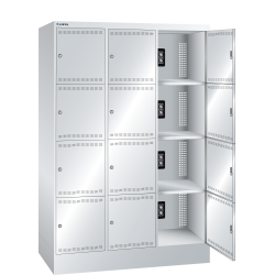 LISTA - Armoire de charge de batterie avec casiers (LxPxH) 1205x585x1795mm 3x4 casiers Type F 1x230V, 1xUSB-C KEY Lock Gris clair RAL 7035