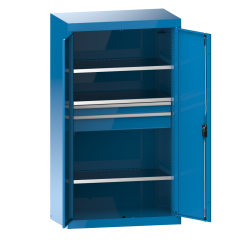 Armoire à charges lourdes avec portes battantes en tôle pleine Lista H 195 x L 110 x P 64,1 cm 3 étagères amovibles, 2 tiroirs Key Lock