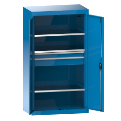 LISTA - Armoire à charges lourdes avec portes battantes en tôle pleine 54x27E (LxPxH) 1100x641x1950mm 3 rayons, 2 tiroirs KEY Lock Bleu clair RAL 5012