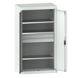 LISTA - Armoire à charges lourdes avec portes battantes en tôle pleine 54x27E (LxPxH) 1100x641x1950mm 3 rayons, 2 tiroirs KEY Lock Gris clair RAL 7035