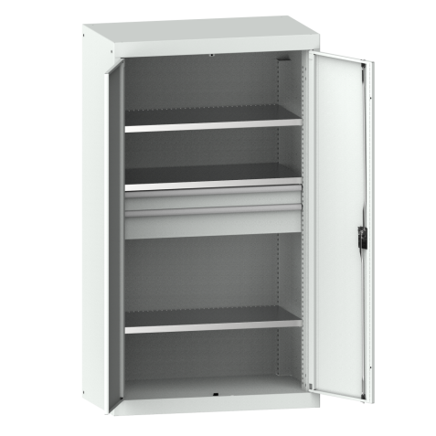 LISTA - Armoire à charges lourdes avec portes battantes en tôle pleine 54x27E (LxPxH) 1100x641x1950mm 3 rayons, 2 tiroirs KEY Lock Gris clair RAL 7035