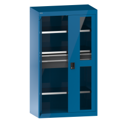 LISTA - Armoire à charges lourdes avec portes battantes à fenêtre transparente 54x27E (LxPxH) 1100x641x1950mm 3 rayons, 2 tiroirs KEY Lock Bleu clair RAL 5012