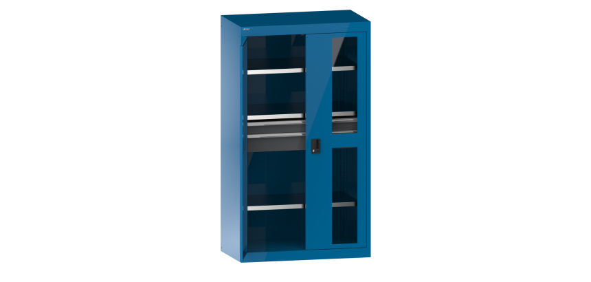 Armoire à charges lourdes avec portes battantes à fenêtre transparente Lista H 195 x L 110 X 64,1 cm 3 étagères amovibles et 2 tiroirs Key Lock