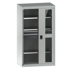 LISTA - Armoire à charges lourdes avec portes battantes à fenêtre transparente 54x27E (LxPxH) 1100x641x1950mm 3 rayons, 2 tiroirs KEY Lock Gris clair RAL 7035