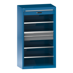 LISTA - Armoire à charges lourdes avec volet roulant 54x27E (LxPxH) 1100x641x1950mm 4 rayons, 2 tiroirs KEY Lock Bleu clair RAL 5012