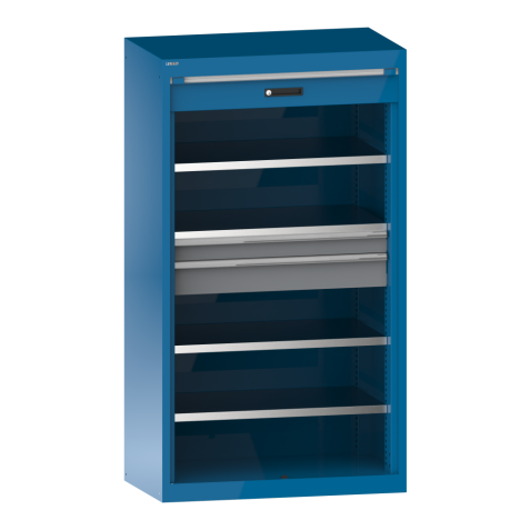 LISTA - Armoire à charges lourdes avec volet roulant 54x27E (LxPxH) 1100x641x1950mm 4 rayons, 2 tiroirs KEY Lock Bleu clair RAL 5012