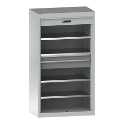 LISTA - Armoire à charges lourdes avec volet roulant 54x27E (LxPxH) 1100x641x1950mm 4 rayons, 2 tiroirs KEY Lock Gris clair RAL 7035