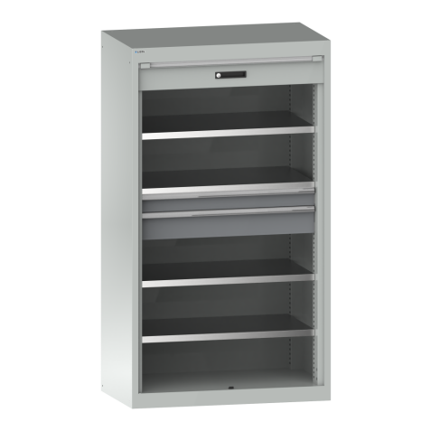 LISTA - Armoire à charges lourdes avec volet roulant 54x27E (LxPxH) 1100x641x1950mm 4 rayons, 2 tiroirs KEY Lock Gris clair RAL 7035